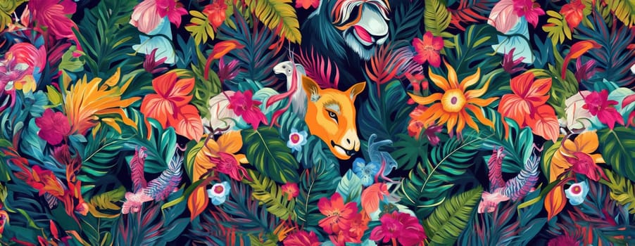 Tropical exotic pattern with animal and flowers in bright colors and lush vegetation. Ai Generative