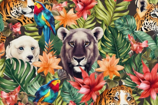 Tropical exotic pattern with animal and flowers in bright colors and lush vegetation. Ai Generative