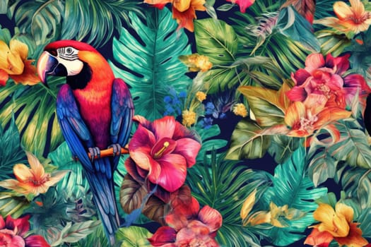 Tropical exotic pattern with animal and flowers in bright colors and lush vegetation. Ai Generative