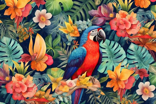 Tropical exotic pattern with animal and flowers in bright colors and lush vegetation. Ai Generative