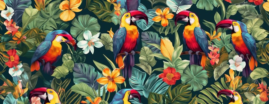 Tropical exotic pattern with animal and flowers in bright colors and lush vegetation. Ai Generative