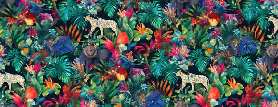 Tropical exotic pattern with animal and flowers in bright colors and lush vegetation. Ai Generative