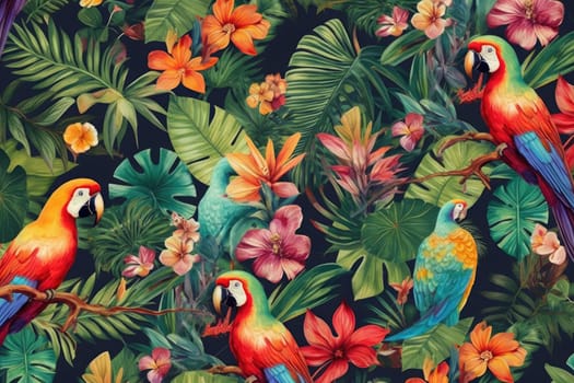 Tropical exotic pattern with animal and flowers in bright colors and lush vegetation. Ai Generative