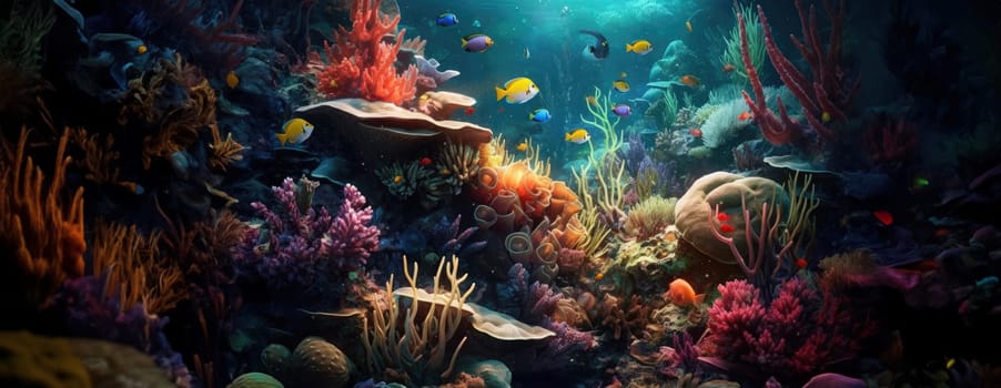 Tropical sea underwater fishes on coral reef. Aquarium oceanarium wildlife colorful marine panorama landscape nature snorkel diving. AI Generative