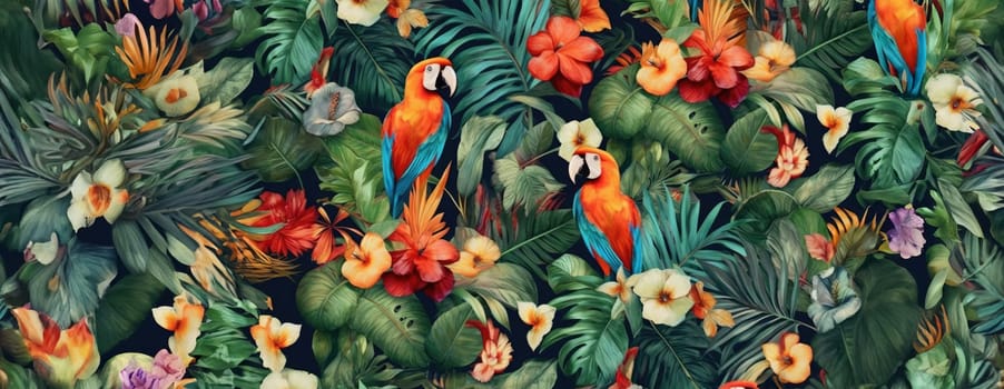 Tropical exotic pattern with animal and flowers in bright colors and lush vegetation. Ai Generative