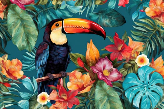 Tropical exotic pattern with animal and flowers in bright colors and lush vegetation. Ai Generative