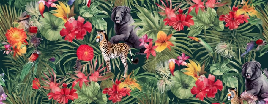 Tropical exotic pattern with animal and flowers in bright colors and lush vegetation. Ai Generative