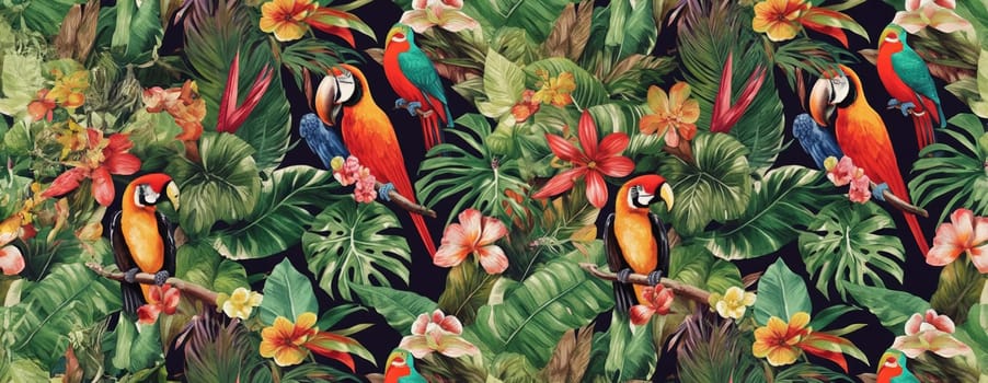 Tropical exotic pattern with animal and flowers in bright colors and lush vegetation. Ai Generative