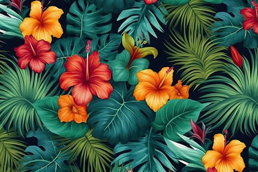 Tropical exotic pattern with animal and flowers in bright colors and lush vegetation. Ai Generative