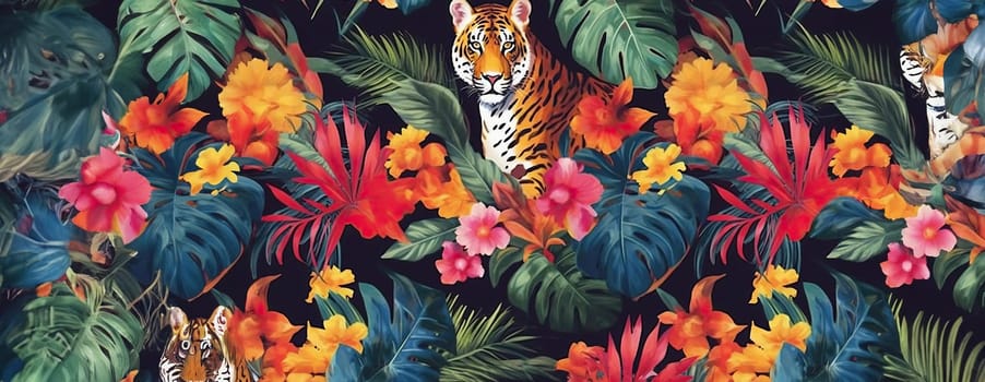 Tropical exotic pattern with animal and flowers in bright colors and lush vegetation. Ai Generative