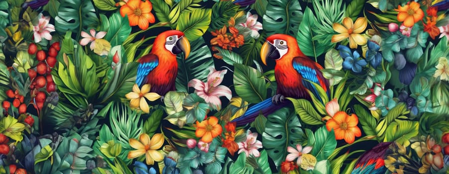 Tropical exotic pattern with animal and flowers in bright colors and lush vegetation. Ai Generative