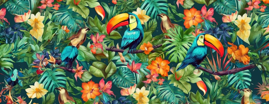 Tropical exotic pattern with animal and flowers in bright colors and lush vegetation. Ai Generative