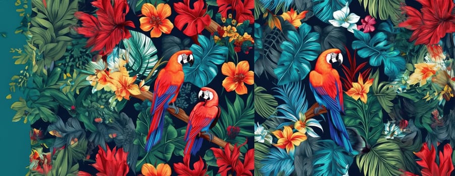 Tropical exotic pattern with animal and flowers in bright colors and lush vegetation. Ai Generative