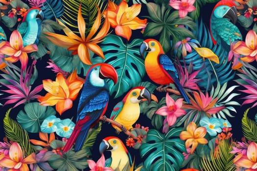 Tropical exotic pattern with animal and flowers in bright colors and lush vegetation. Ai Generative