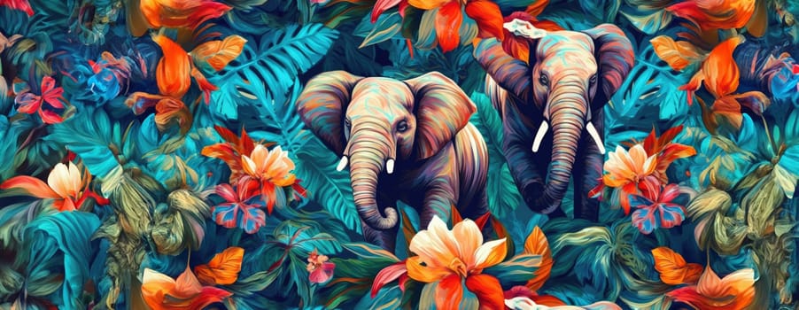 Tropical exotic pattern with animal and flowers in bright colors and lush vegetation. Ai Generative