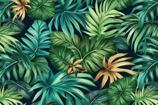 Tropical exotic pattern with animal and flowers in bright colors and lush vegetation. Ai Generative