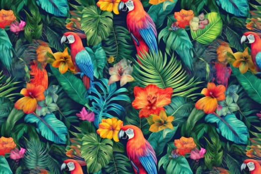 Tropical exotic pattern with animal and flowers in bright colors and lush vegetation. Ai Generative