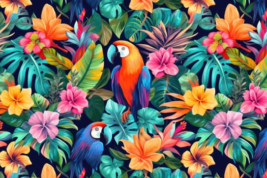 Tropical exotic pattern with animal and flowers in bright colors and lush vegetation. Ai Generative