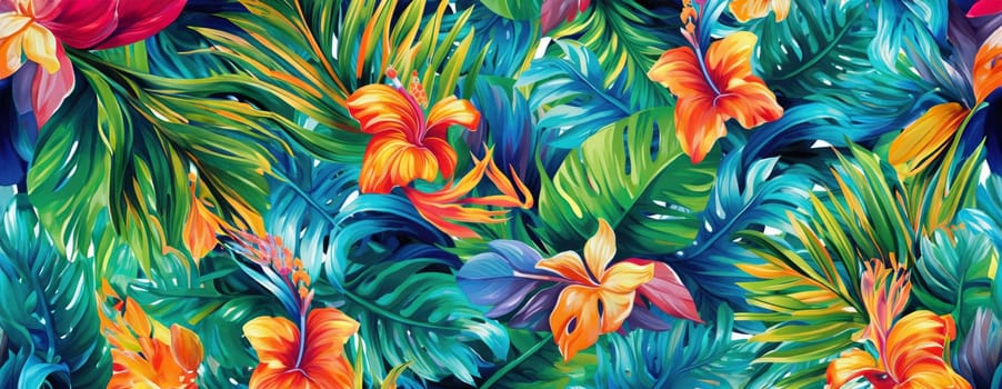 Tropical exotic pattern with animal and flowers in bright colors and lush vegetation. Ai Generative