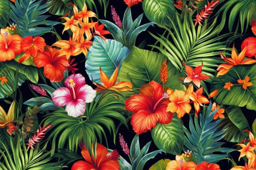 Tropical exotic pattern with animal and flowers in bright colors and lush vegetation. Ai Generative