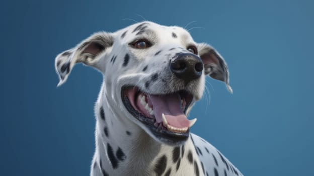 Funny portrait of a happy Dalmatian dog with an open mouth on an isolated blue background.