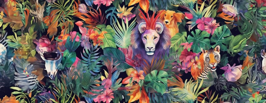 Tropical exotic pattern with animal and flowers in bright colors and lush vegetation. Ai Generative