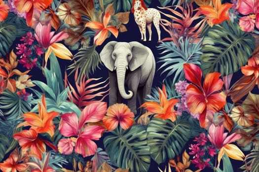 Tropical exotic pattern with animal and flowers in bright colors and lush vegetation. Ai Generative