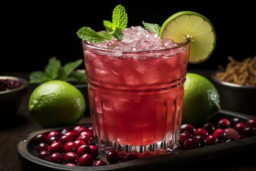 Cranberry Mule with vodka, ginger beer, cranberry juice, lime. Christmas cocktail idea.