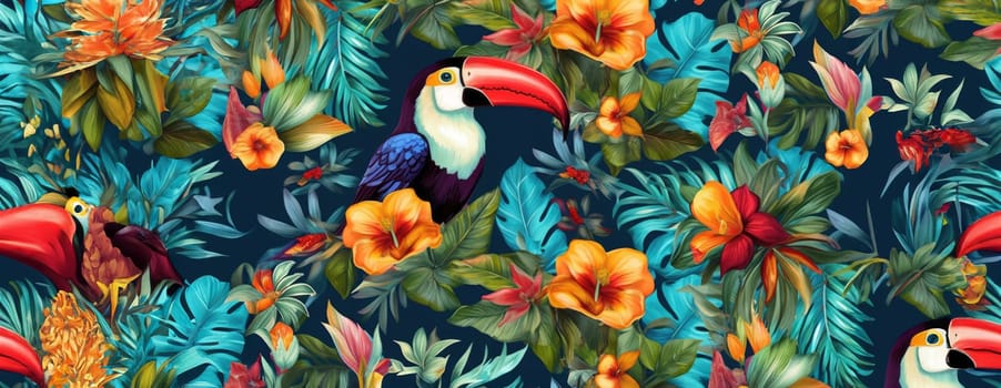 Tropical exotic pattern with animal and flowers in bright colors and lush vegetation. Ai Generative