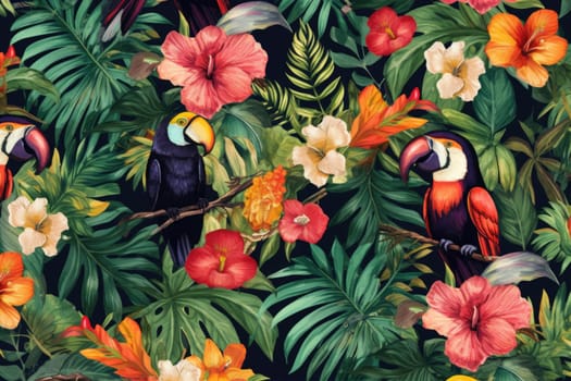 Tropical exotic pattern with animal and flowers in bright colors and lush vegetation. Ai Generative