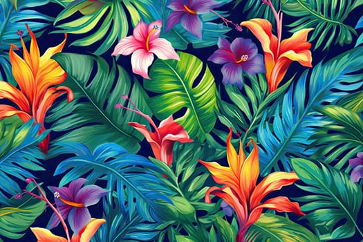 Tropical exotic pattern with animal and flowers in bright colors and lush vegetation. Ai Generative