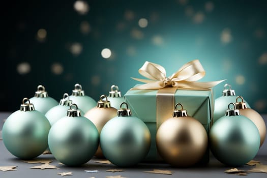 Christmas decorations with pastel green gift wrapping in an elegant package on a on a blurred colorful background