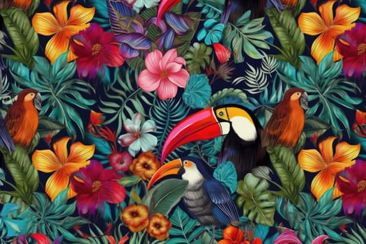 Tropical exotic pattern with animal and flowers in bright colors and lush vegetation. Ai Generative