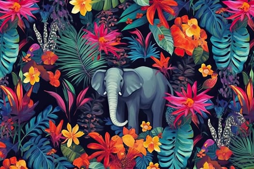 Tropical exotic pattern with animal and flowers in bright colors and lush vegetation. Ai Generative