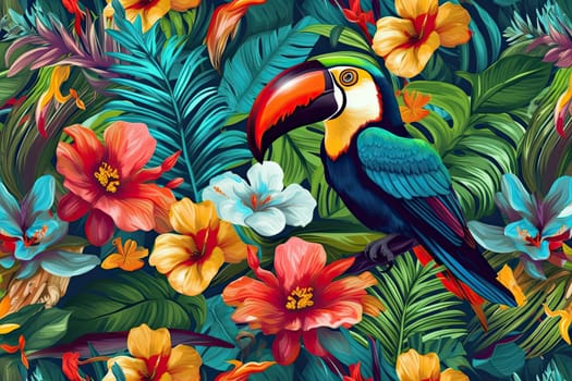 Tropical exotic pattern with animal and flowers in bright colors and lush vegetation. Ai Generative