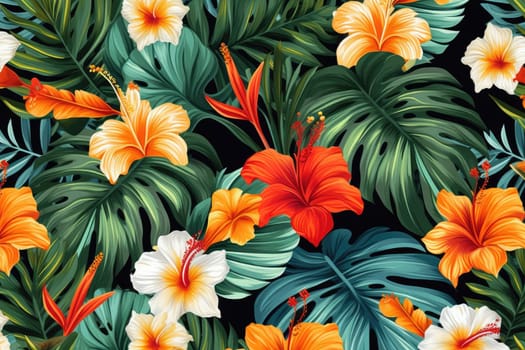 Tropical exotic pattern with animal and flowers in bright colors and lush vegetation. Ai Generative