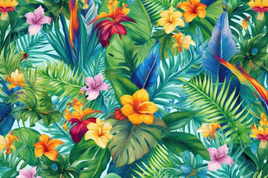 Tropical exotic pattern with animal and flowers in bright colors and lush vegetation. Ai Generative