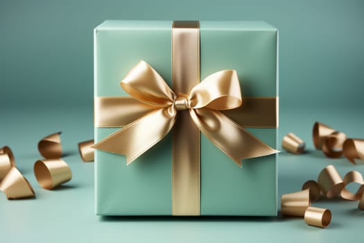 Christmas decorations with pastel green gift wrapping in an elegant package on a on a blurred colorful background