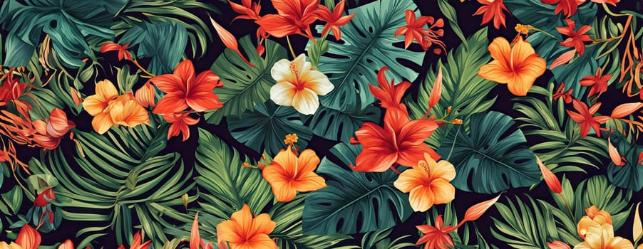 Tropical exotic pattern with animal and flowers in bright colors and lush vegetation. Ai Generative