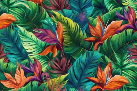 Tropical exotic pattern with animal and flowers in bright colors and lush vegetation. Ai Generative