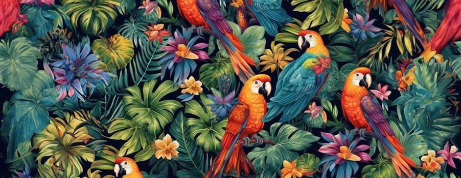 Tropical exotic pattern with animal and flowers in bright colors and lush vegetation. Ai Generative