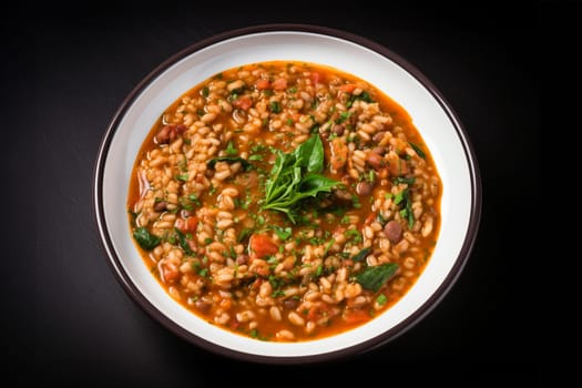 Farro soup a Lazio traditional dish. A hearty and thick soup made with spelt, vegetables. Hearty comfort meal. Italian winter warmer