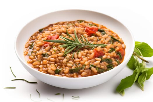 Farro soup a Lazio traditional dish. A hearty and thick soup made with spelt, vegetables. Hearty comfort meal. Italian winter warmer