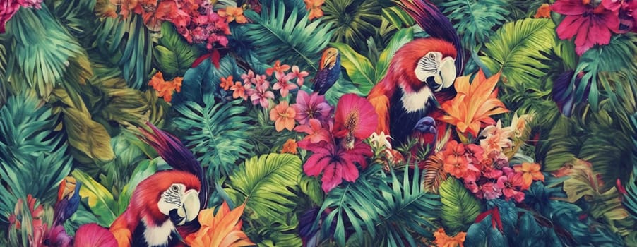 Tropical exotic pattern with animal and flowers in bright colors and lush vegetation. Ai Generative