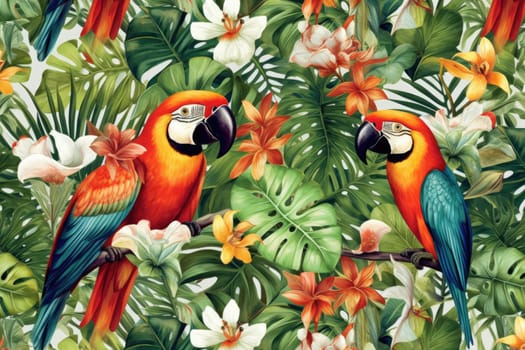 Tropical exotic pattern with animal and flowers in bright colors and lush vegetation. Ai Generative