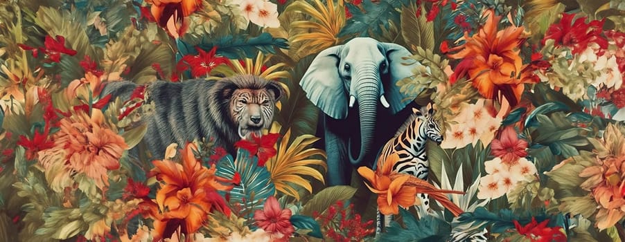 Tropical exotic pattern with animal and flowers in bright colors and lush vegetation. Ai Generative