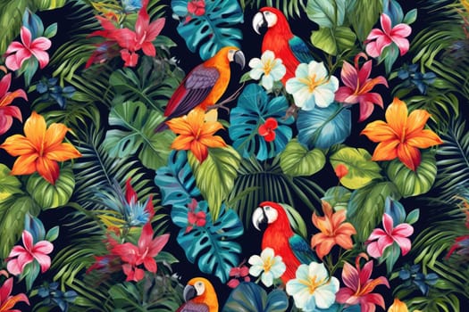 Tropical exotic pattern with animal and flowers in bright colors and lush vegetation. Ai Generative