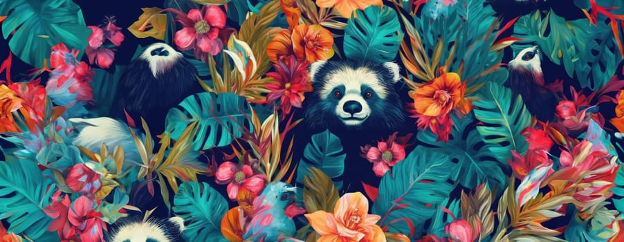 Tropical exotic pattern with animal and flowers in bright colors and lush vegetation. Ai Generative