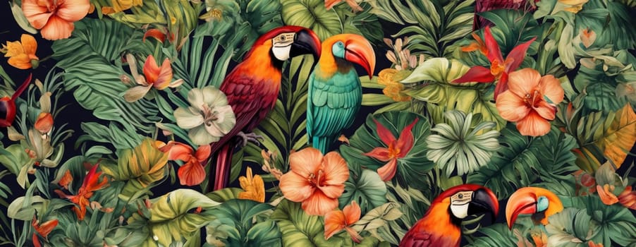 Tropical exotic pattern with animal and flowers in bright colors and lush vegetation. Ai Generative