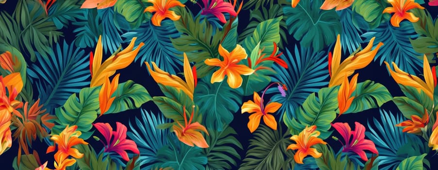 Tropical exotic pattern with animal and flowers in bright colors and lush vegetation. Ai Generative